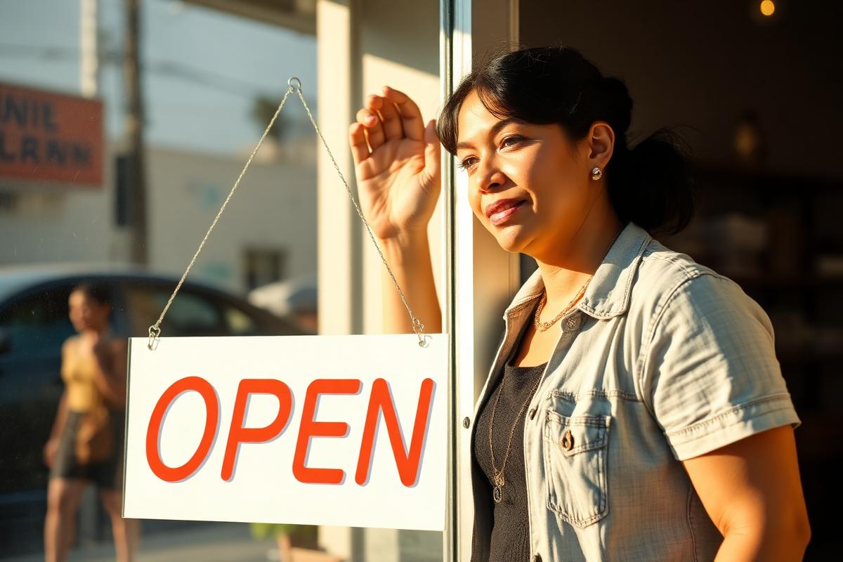 Business owner turning the open sign in her storefront window