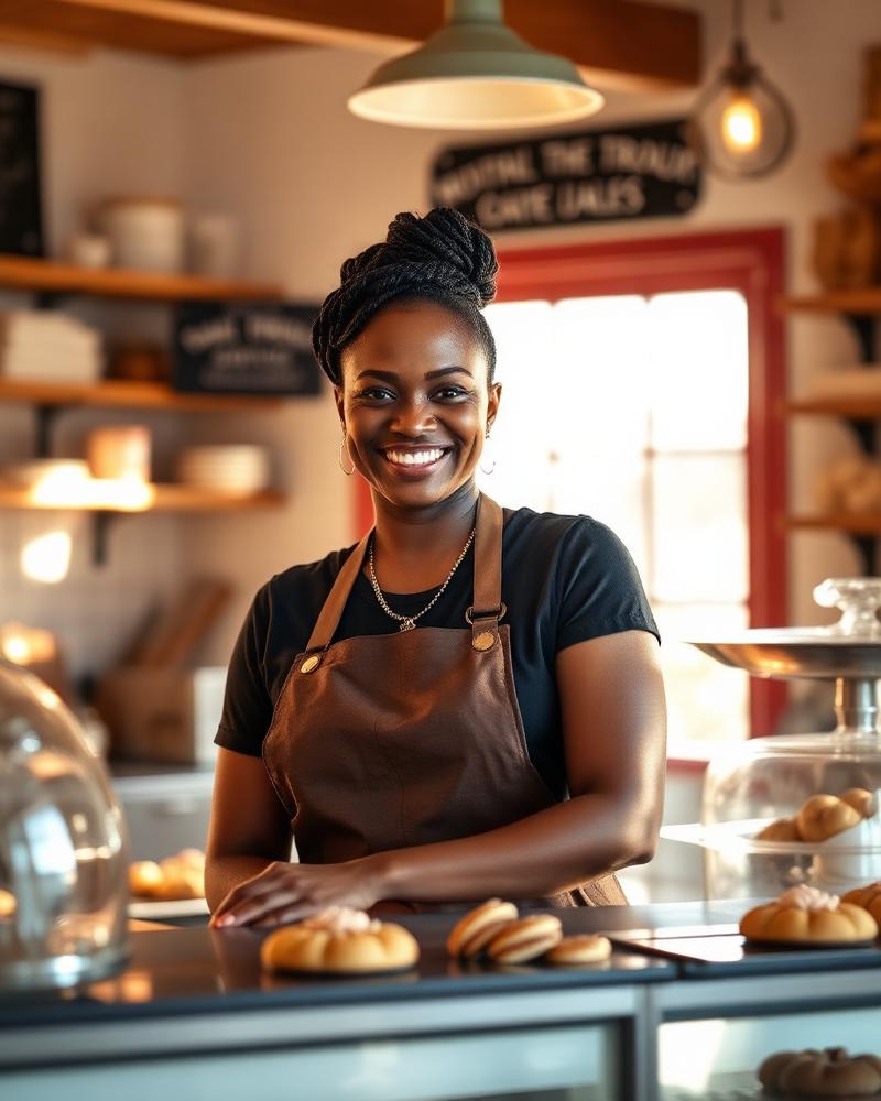 Small business owner smiling behind the counter of her bakery